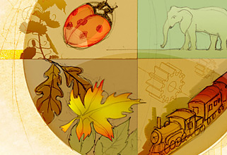 My son's favorite things. Hand drawn illustration. Colored in PhotoShop