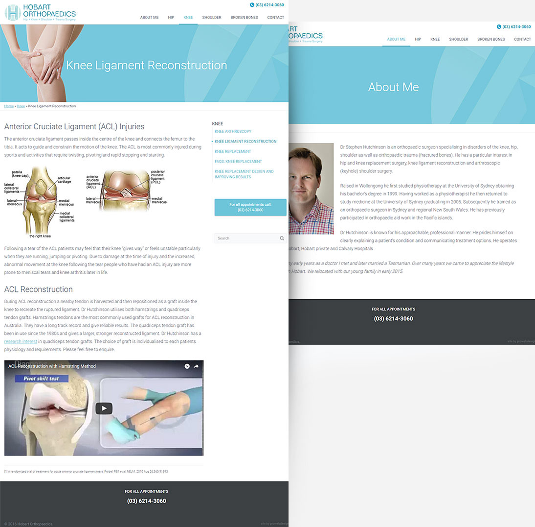 Screenshot of internal pages of Hobart Orthopaedics site