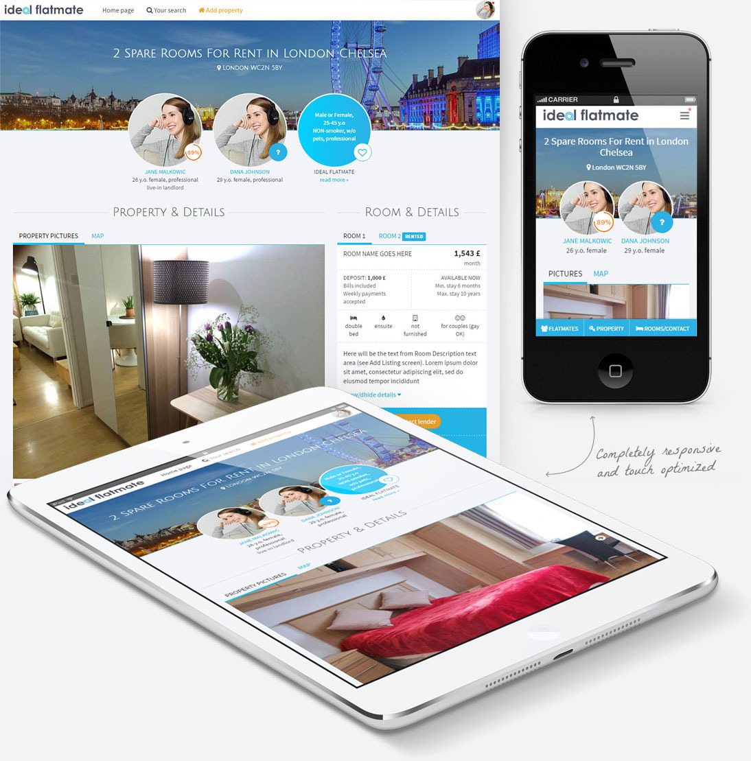 Property details of IdealFlatmate site screenshot, responsive